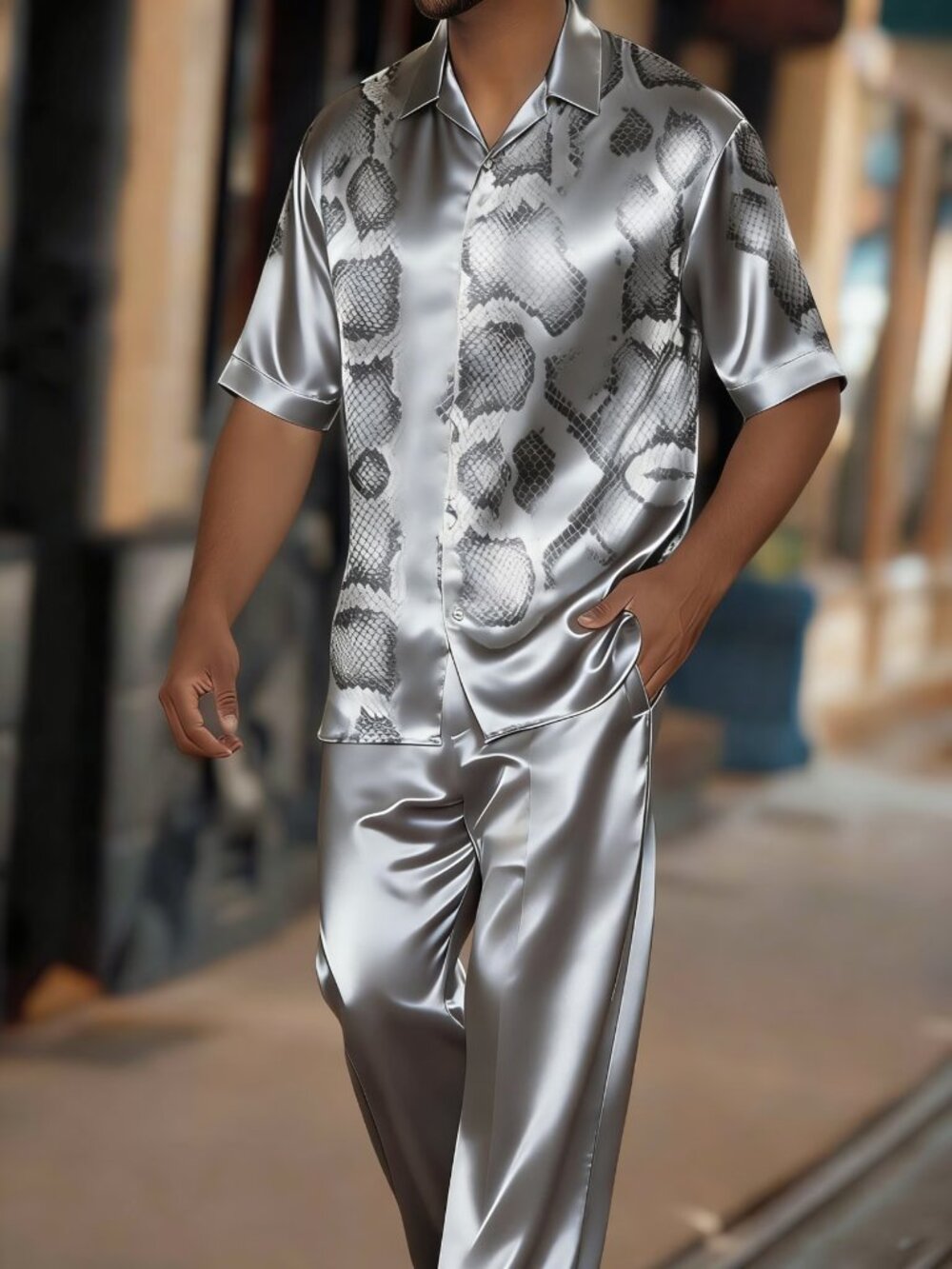 Men's Silky Satiny Sexy Short Sleeved Jacquard Shirt Pants Set NWOT!LQQK!